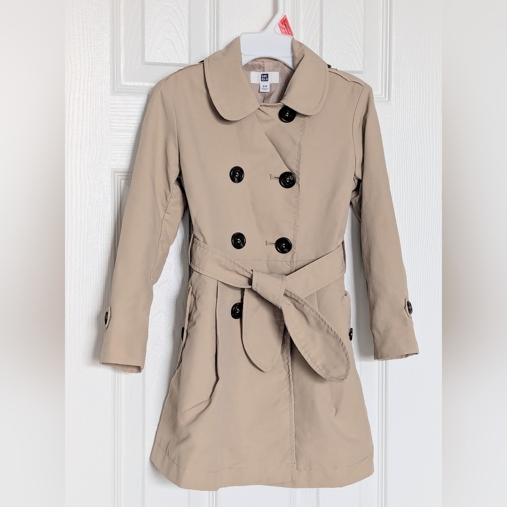 Uniqlo Girls (Size 3-4) Lined Button-Down Nylon Tan Trench Coat w/Front Tie/Belt